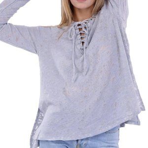 ANTHROPOLOGIE MARONIE Lace Up Neck Hooded Long Sleeve T-Shirt - Small   NEW NWOT